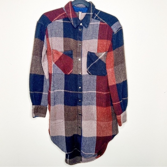 Free People Plaid Orange Blue Flannel Button Down Tunic Dress Long Sleeve XS - Picture 1 of 6